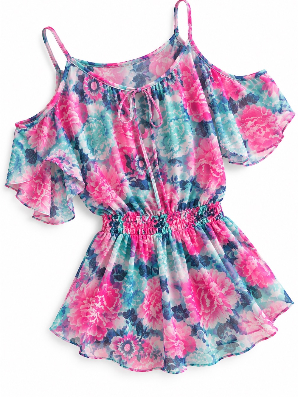 Women’s Pink Floral Cold-Shoulder Swim Coverup Romper